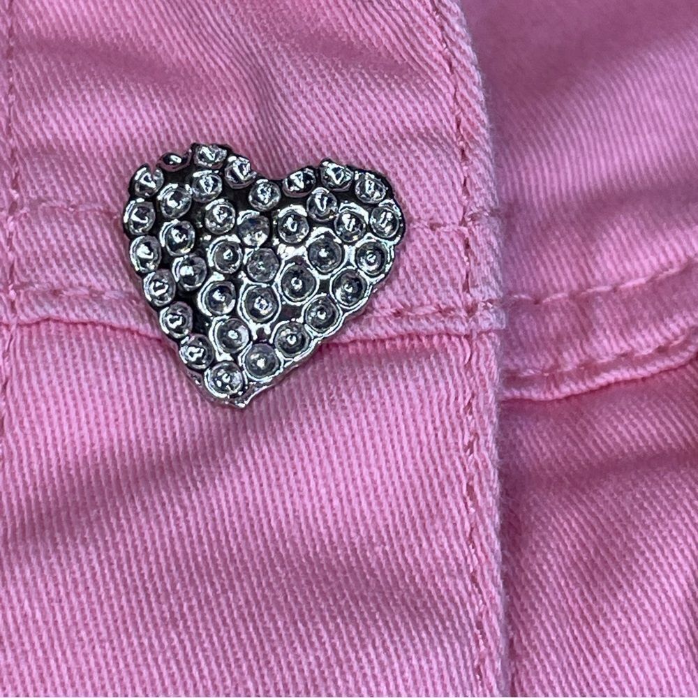 Quacker Factory Denim Button Down Jacket Distressed Rhinestone Hearts Pink S - Picture 6 of 15